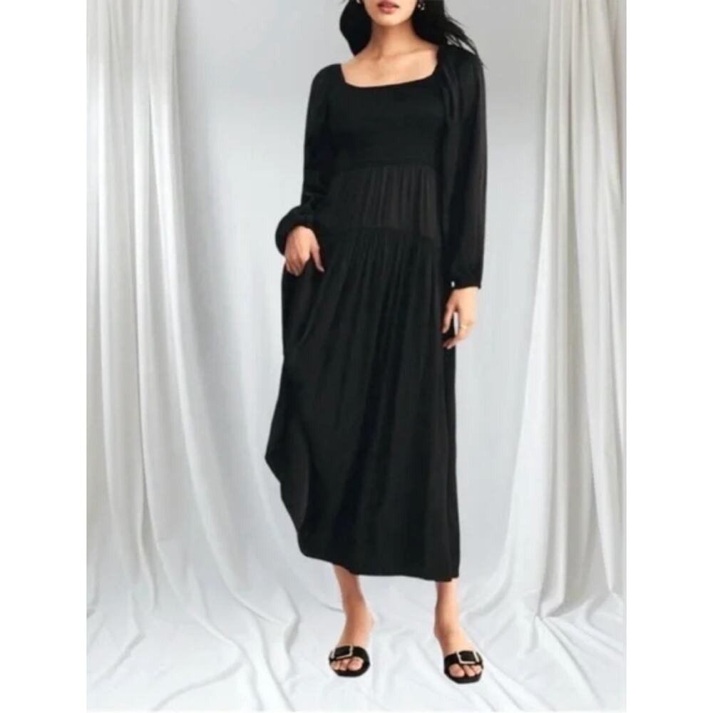 Z SUPPLY Black Wildes Black Satin Tiered skirt Smocked Midi Dress Long Sleeve XL